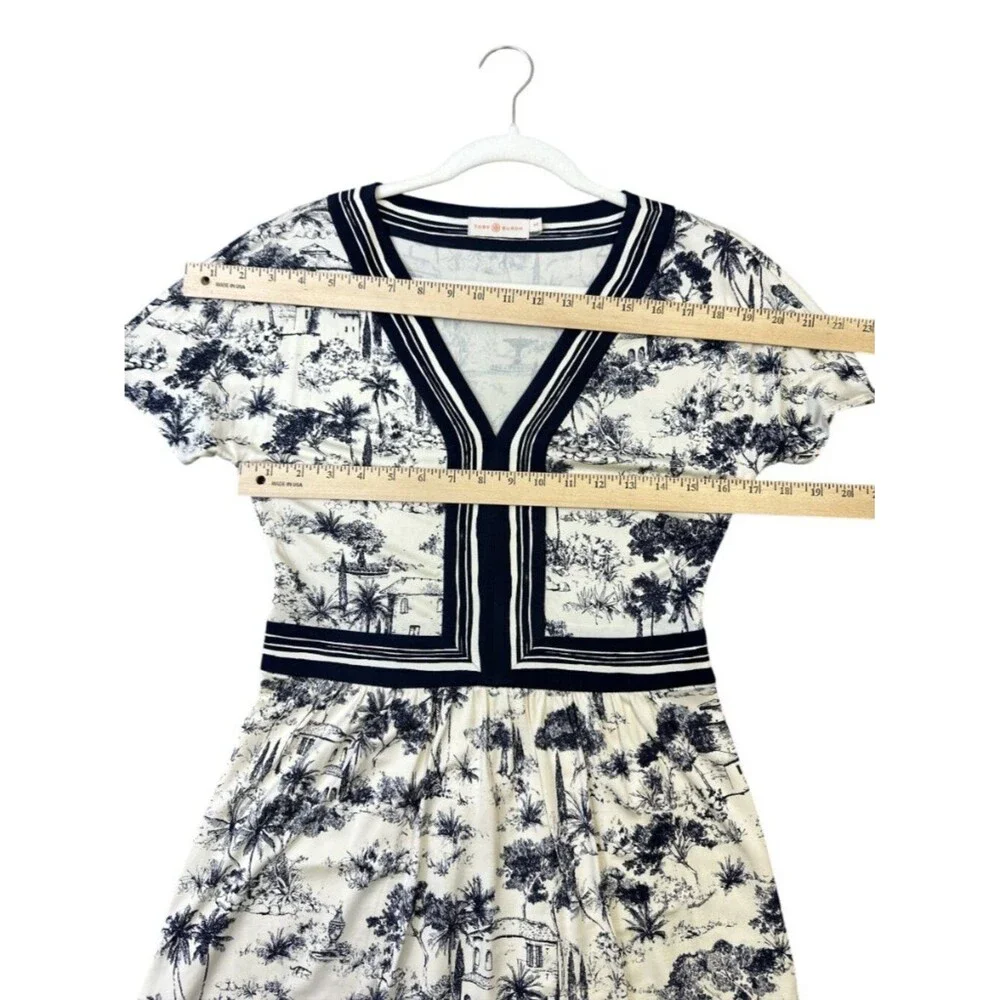 Tory Burch Silk Interlock Dress Blue Ivory Toile Print V-Neck Designer sz S/P